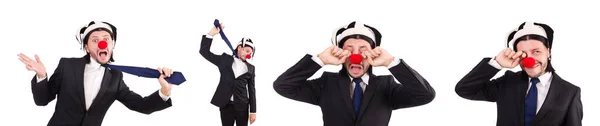 Смешной клоун бизнесмен изолирован на белом фоне — стоковое фото