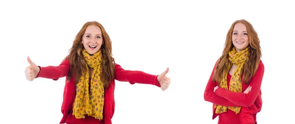 Menina sorridente bonito em casaco vermelho e jeans isolado em branco — Fotografia de Stock
