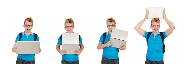 Student met laptop geïsoleerd op wit — Stockfoto