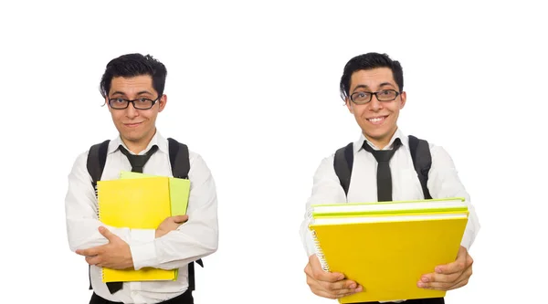 Estudante masculino segurando notas isoladas em branco — Fotografia de Stock