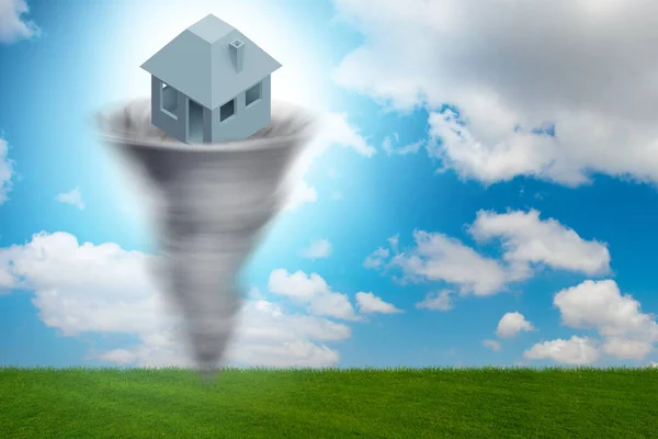 Afscherming concept met huis verloren in tornado - 3d rendering — Stockfoto