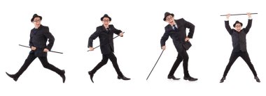 Çizgili takım elbiseli komik bir beyefendi beyazın üzerinde yalnız.