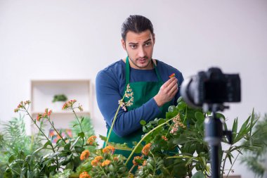 Evin içinde bitkileri olan genç bir erkek bahçıvan.