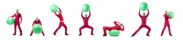 Man with swiss ball doing exercises on white — Stock Photo, Image