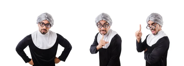 Hombre vistiendo traje de monja aislado en blanco — Foto de Stock