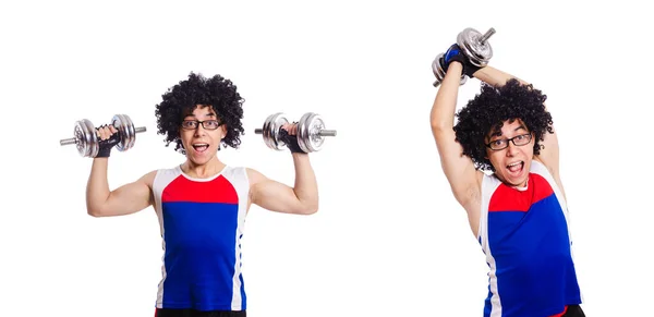 Hombre divertido haciendo ejercicio con pesas —  Fotos de Stock