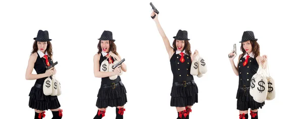 Woman gangster with gun and money — Stock Photo, Image