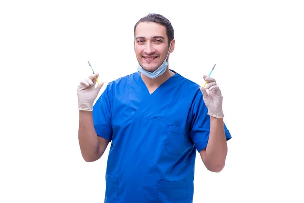 Young handsome doctor with syringe isolated on white — Stock Photo, Image