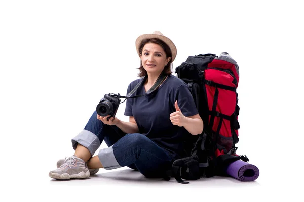 Aged female tourist isolated on white — Stock Photo, Image