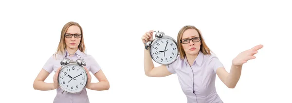 Ung anställd håller väckarklocka isolerad på vit — Stockfoto