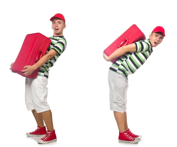 Young man with red suitcase isolated on white — Stock Photo, Image