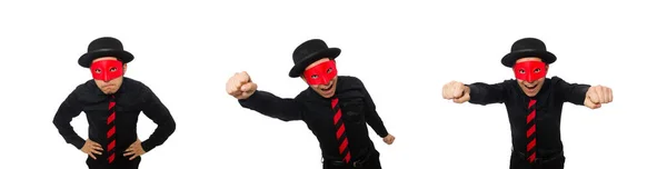 Νεαρός άνδρας με κόκκινη μάσκα απομονωμένος σε λευκό — Φωτογραφία Αρχείου