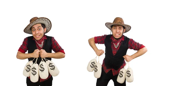 Jeune cow-boy avec des sacs d'argent isolés sur blanc — Photo
