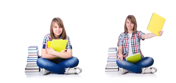 Girl student with books on white — Stock Photo, Image