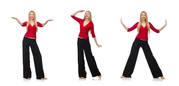 Jeune femme en pantalon évasé isolé sur blanc — Photo