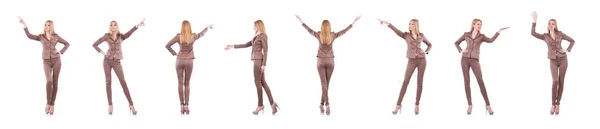Junge blonde Geschäftsfrau drückt virtuellen Knopf — Stockfoto