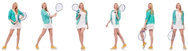 Молодая красивая леди играет в теннис изолированы на белом — стоковое фото