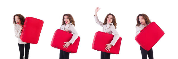 Положительная красота проведение красный чемодан изолирован на белом
