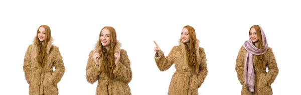 Menina ruiva em casaco de pele isolado no branco — Fotografia de Stock