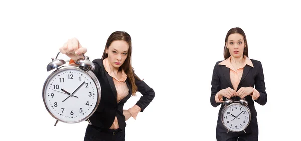 Señora de negocios con reloj despertador aislado en blanco — Foto de Stock