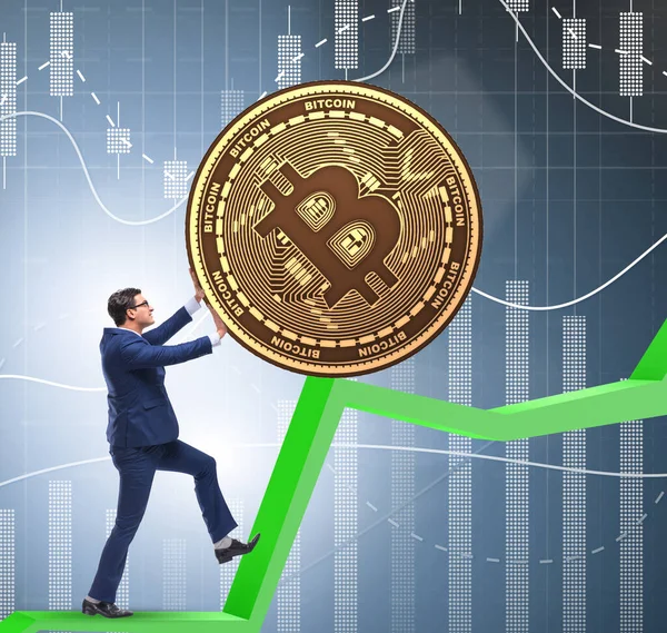 Geschäftsmann treibt Bitcoin in Kryptowährung-Blockchain-Konzept — Stockfoto