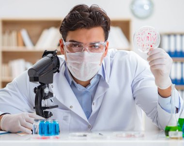Laboratuvarda virüs aşısı üzerinde çalışan erkek doktor.