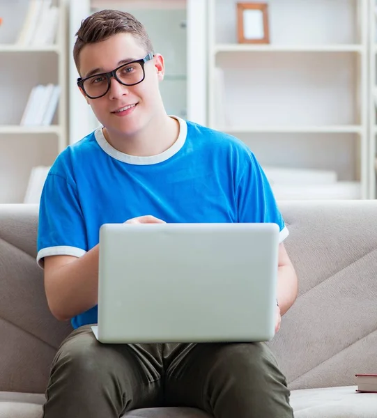 Sınavlara hazırlanan genç öğrenci kanepede ders çalışıyor.