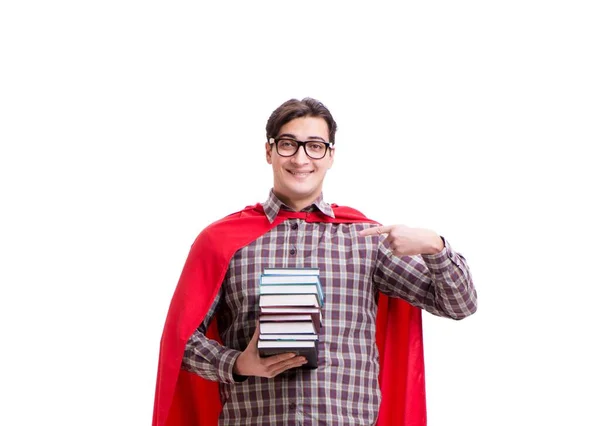 Студент супергероя з книгами ізольовані на білому — стокове фото