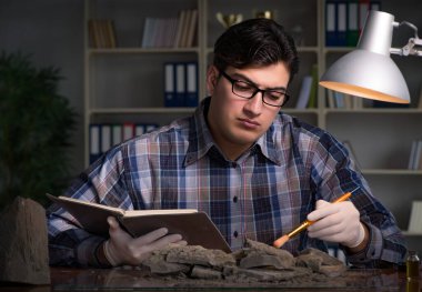 Arkeolog geç saatlere kadar ofiste çalışıyor.