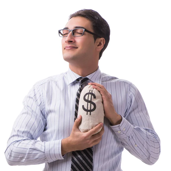 Jonge zakenman met geld zak geïsoleerd op witte achtergrond — Stockfoto