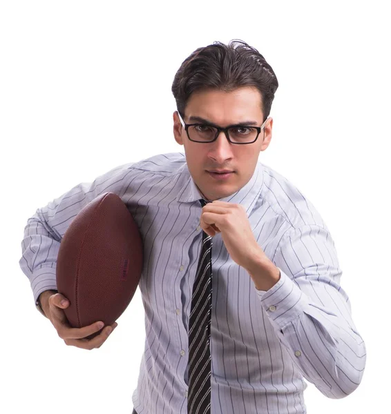 Jonge zakenman met Amerikaans voetbal geïsoleerd op wit — Stockfoto