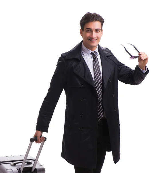 Young businessman with suitcase ready for business trip on white Stock Image