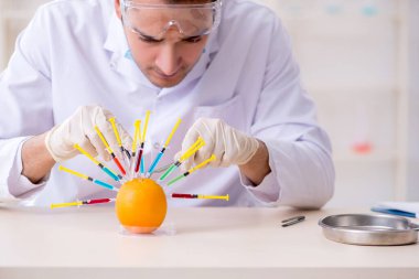 Erkek beslenme uzmanı gıda ürünlerini laboratuarda test ediyor.