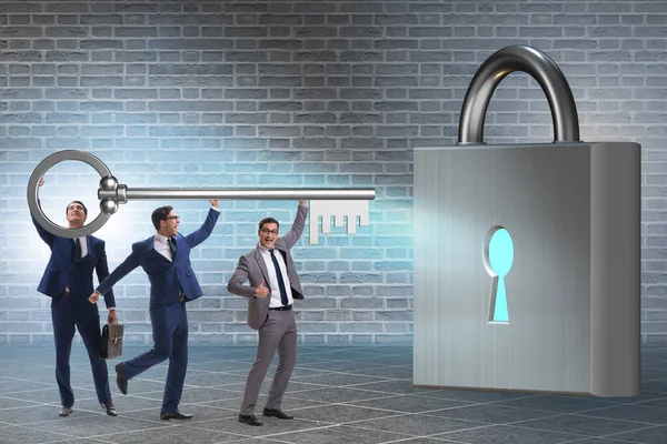 Businessmen unlocking new opportunity with key — Stock Photo, Image