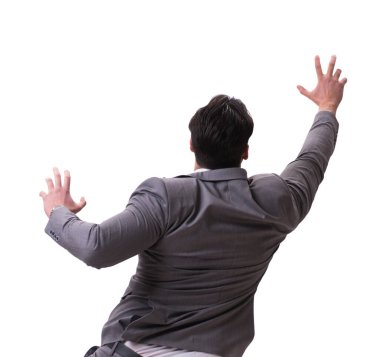 İşadamı beyaz üzerine izole edilmiş sanal engeli tırmanıyor