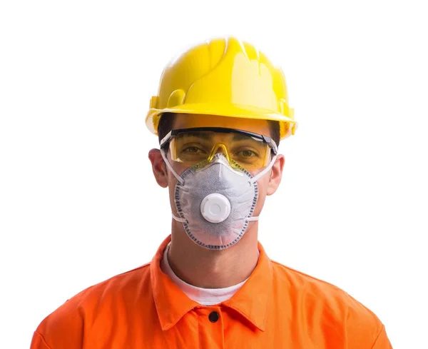 Stavební dělník s ochrannou maskou izolovanou na bílém — Stock fotografie