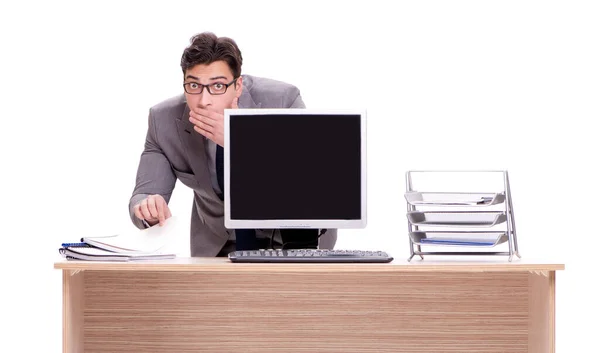 Affärsman gömmer sig på kontoret isolerad på vitt — Stockfoto