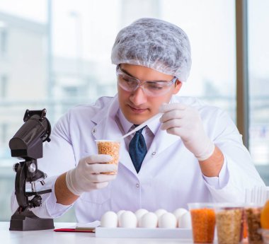 Besin uzmanı gıda ürünlerini laboratuarda test ediyor.