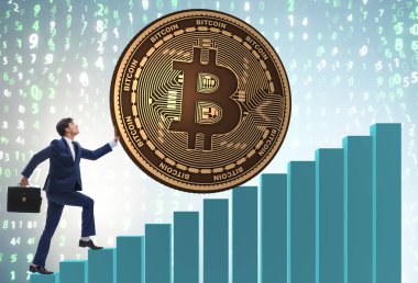 İşadamı, kripto para zinciri konseptinde bitcoin basıyor