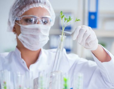 Bir laboratuarda deney yapan kadın bir bilim adamı.