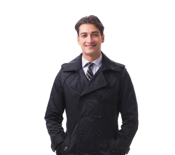 Ung affärsman bär vinterrock isolerad på vitt — Stockfoto