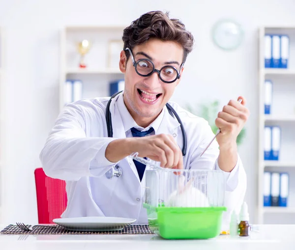 Mad crazy doctor preparing to eat rabbit — Stock Photo, Image