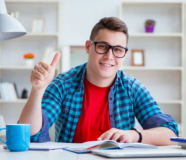 Jovem adolescente se preparando para exames estudando em uma mesa dentro de casa — Fotografia de Stock