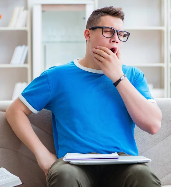 Estudiante joven preparándose para los exámenes que estudian en casa en un sofá — Foto de Stock