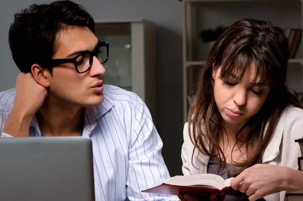 İki öğrenci geç saatlere kadar çalışıp sınavlara hazırlanıyor.