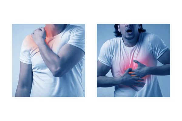 Collage del hombre que sufre de dolor agudo — Foto de Stock