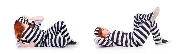 Prisoner in striped uniform on white — Stock Photo, Image