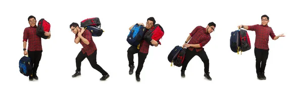 Young man with bags isolated on white — Stock Photo, Image