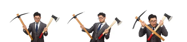 Ung affärsman som håller ett verktyg isolerat på vitt — Stockfoto