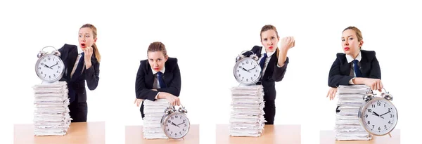 Woman businesswoman with clock and papers — Stock Photo, Image